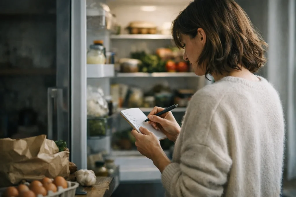 Une liste de courses se fait devant le frigo ouvert